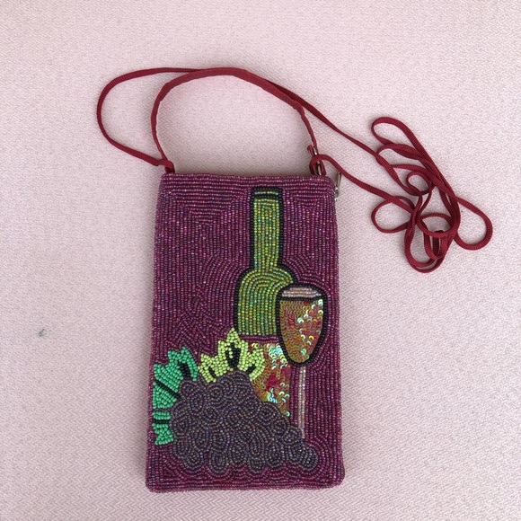Bamboo Trading Company Red Wine Lovers Club Bag Beaded Phone Crossbody, Merlot - Picture 9 of 14